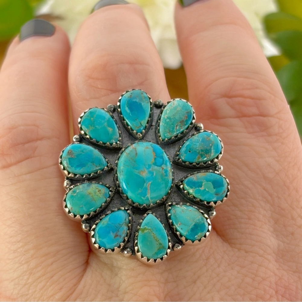 Pure Sterling Silver 925 Kingman Turquoise Cluster Ring 9.25 9 1/4 Navajo Style - Picture 3 of 10